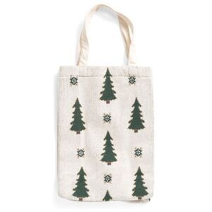 CT White Ivory Green Gold Christmas Tree Snowflake Knit Wine Gift Bag
